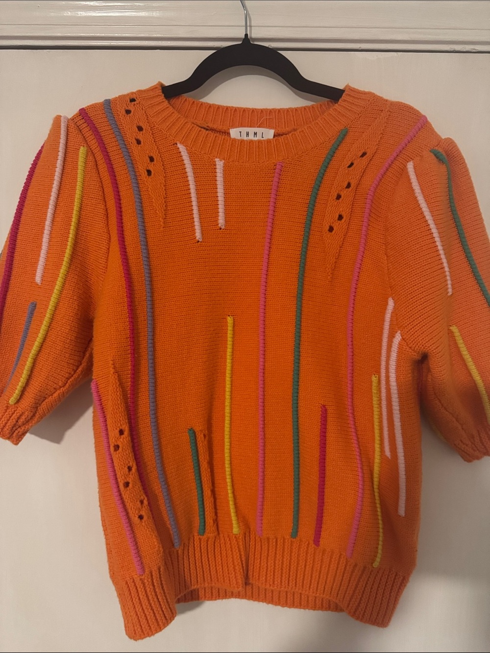 THML Orange Knit Short-Sleeve Sweater with Multicolor Stripes